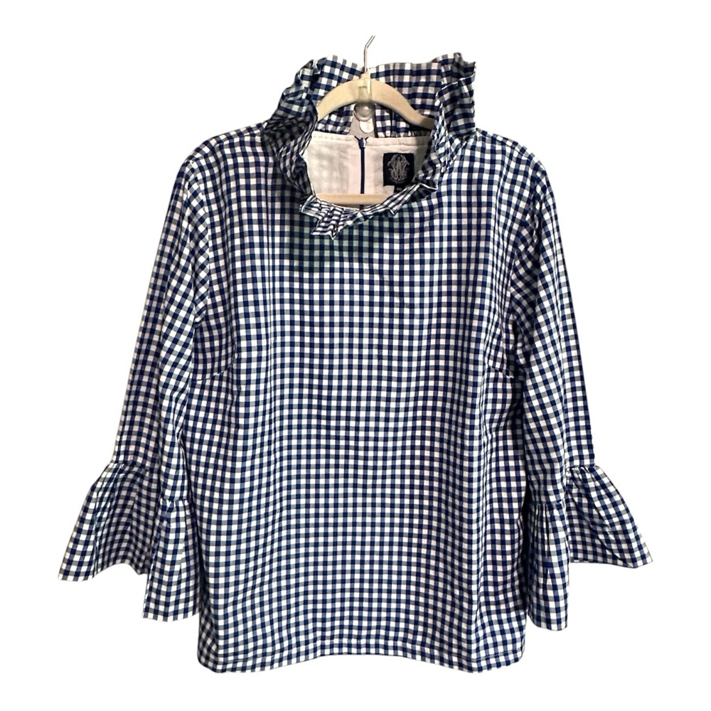 Elizabeth Wilson Shirt  Katherine Ruffle Neck Blue Gingham Top XXL